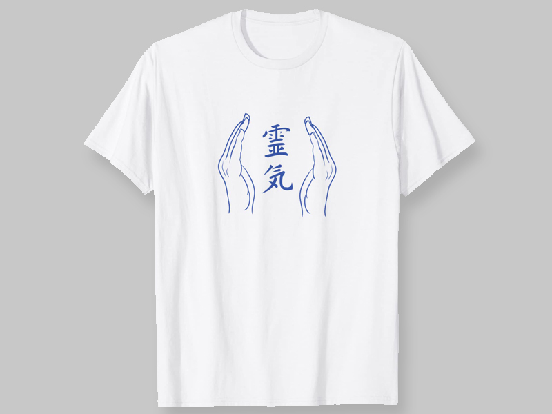 weißes T-Shirt Reiki Händen und dem Schriftzug Reiki
