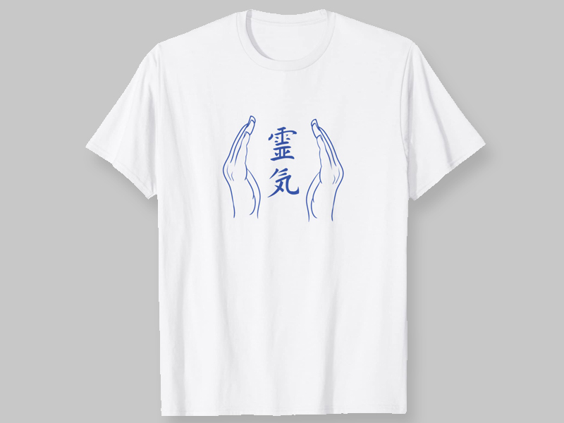 weißes T-Shirt Reiki Händen und dem Schriftzug Reiki