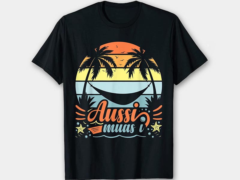 Schwarzes T Shirt mit tropischem Sonnenuntergang, Palmen, Hängematte und den Worten Aussi Muas I