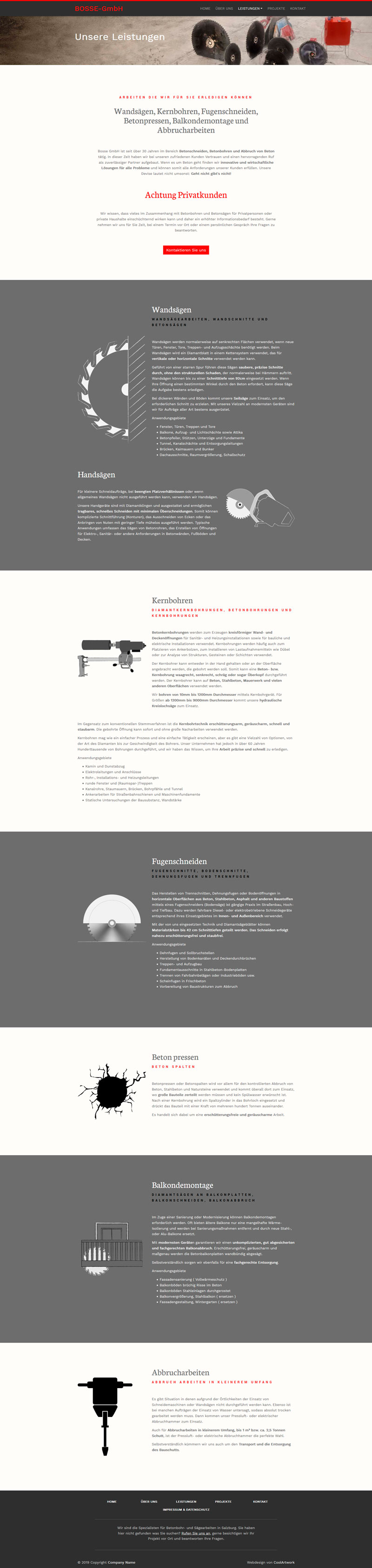 Screenshot Webseite Bosse GmbH Beton Sägedienst - Leistungen