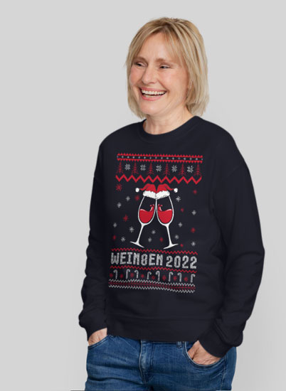 Schwarzes Sweatshirt im Ugly Sweater Stil mit der Aufschrift Fröhliche Wein8en 2022
