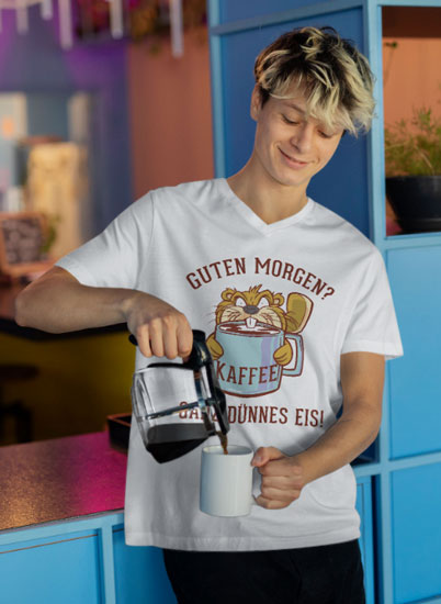 Weißes T Shirt mit Bieber und Kaffeetasse und dem Spruch Guten Morgen? Ganz Dünnes Eis