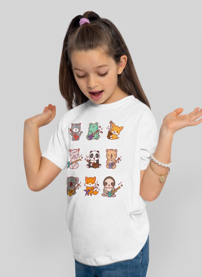 Weißes T Shirt mit Guitarre spielenden Kawaii Tieren