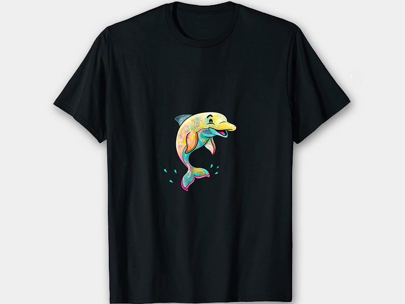 schwarzes T-Shirt mit lustigem Delphin in Regenbogenfarben