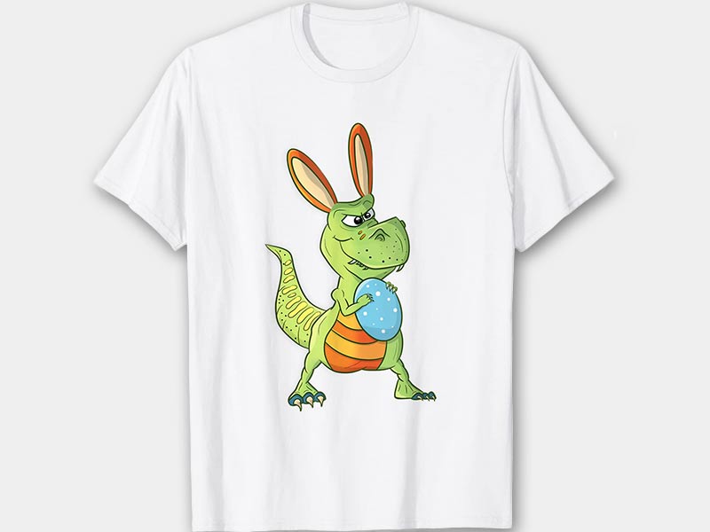 Lustiger Dinosaurier mit Hasenohren und Osterei auf weißem T-Shirt